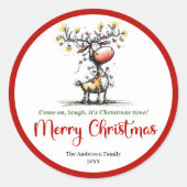 Cheerful reindeer quirky whimsical Xmas sticker (Voorkant)