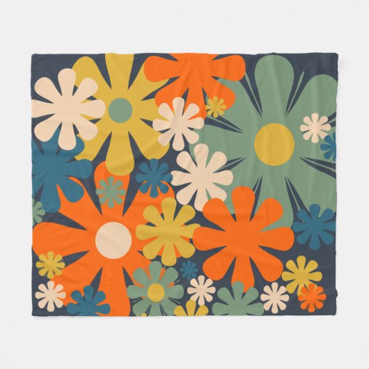 Cheerful Retro 60s 70s Flowers Floral Pattern Fleece Deken (Voorkant (Horizontaal))