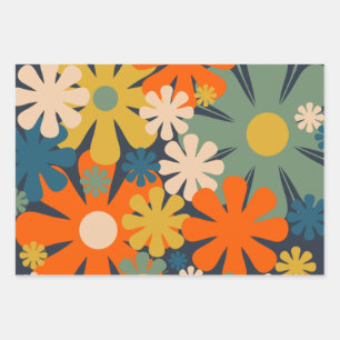 Cheerful Retro 60s 70s Flowers Floral Pattern Inpakpapier Vel