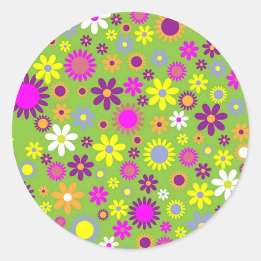 Cheerful Retro Flower Power Floral Designer Ronde Sticker (Voorkant)