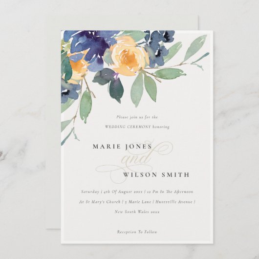 Cheerful Rustic Yellow Blue Floral Wedding Invite Bedankkaart (Voorkant / Achterkant)