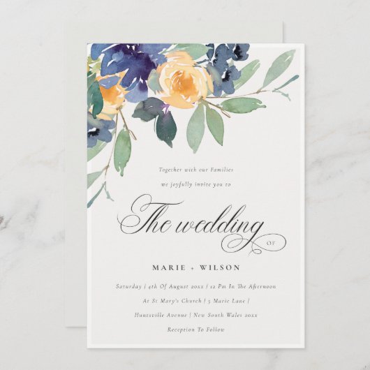 Cheerful Rustic Yellow Blue Floral Wedding Invite Bedankkaart (Voorkant / Achterkant)