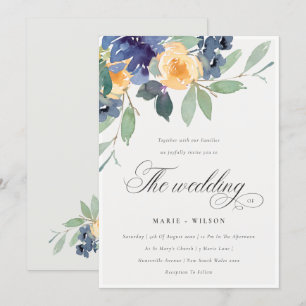 Cheerful Rustic Yellow Blue Floral Wedding Invite Bedankkaart