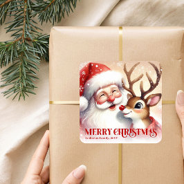 Cheerful Santa and Rudolph Custom Christmas Label