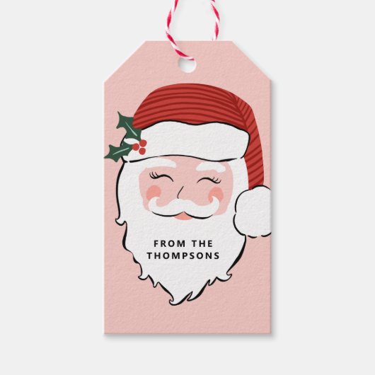 Cheerful Santa Face | Roze en rode kerst Cadeaulabel (Voorkant)