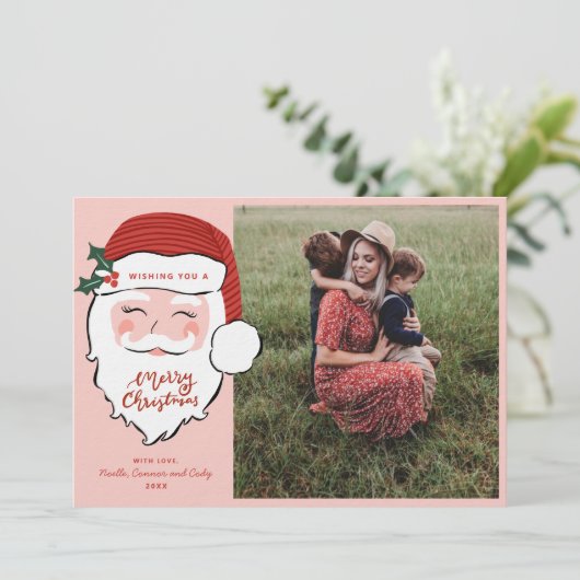 Cheerful Santa Face | Roze kerst | Foto Feestdagenkaart (Staand voorkant)
