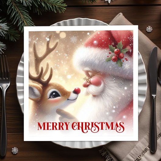 Cheerful Santa Rudolph Holiday Dinner Napkins Xmas Servet