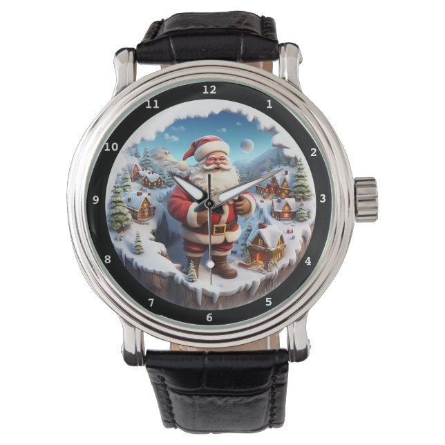 Cheerful Santa Snowy Village Horloge (Voorkant)