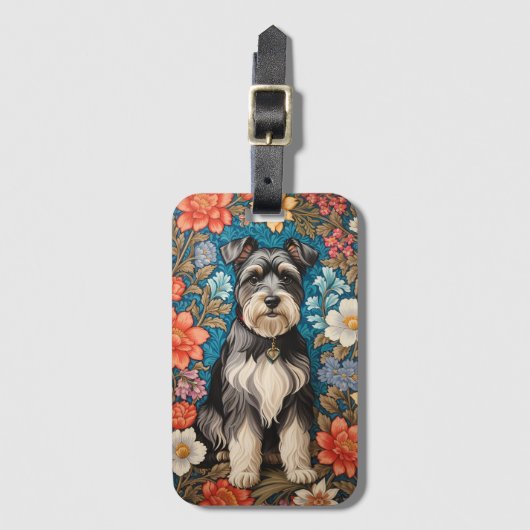 Cheerful Schnauzer William Morris Inspired Floral Bagagelabel (Voorkant (verticaal))