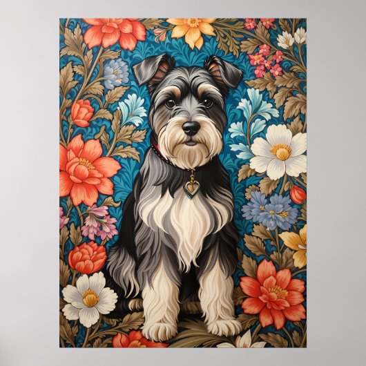 Cheerful Schnauzer William Morris Inspired Floral Poster (Voorkant)