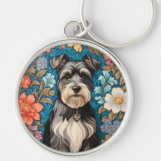 Cheerful Schnauzer William Morris Inspired Floral Sleutelhanger (Voorkant)