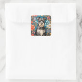 Cheerful Schnauzer William Morris Inspired Floral Vierkante Sticker (Tas)