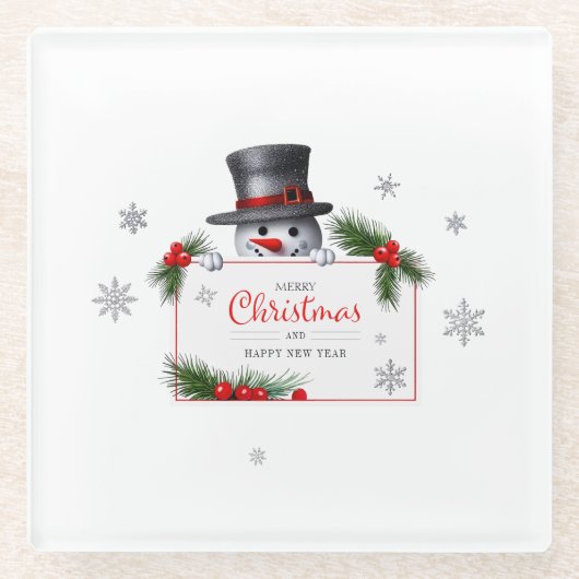 Cheerful Snowman Christmas New Year Greetings Glazen Onderzetter (Voorkant)