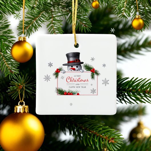 Cheerful Snowman Christmas New Year Greetings Keramisch Ornament