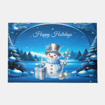 Cheerful Snowman in a Snowy Forest Doormat