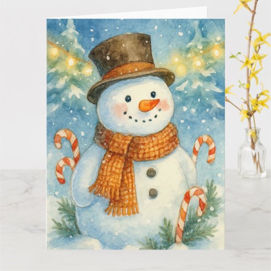 Cheerful Snowman in Pine Forest Kaart (Gele Bloem)