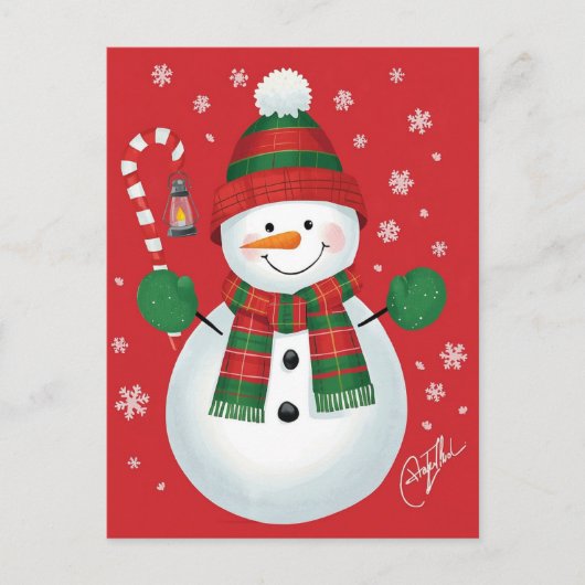 Cheerful Snowman Plaid Scarf Red Christmas Holiday Feestdagenkaart (Voorkant)
