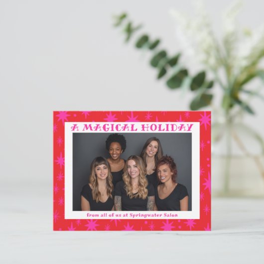 Cheerful Stars Pink Christmas Custom Business Feestdagenkaart (Staand voorkant)