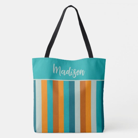 Cheerful Stripe Pattern Aqua Oranje Personalized Tote Bag (Achterkant)