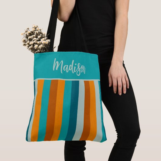 Cheerful Stripe Pattern Aqua Oranje Personalized Tote Bag (Dichtbij)