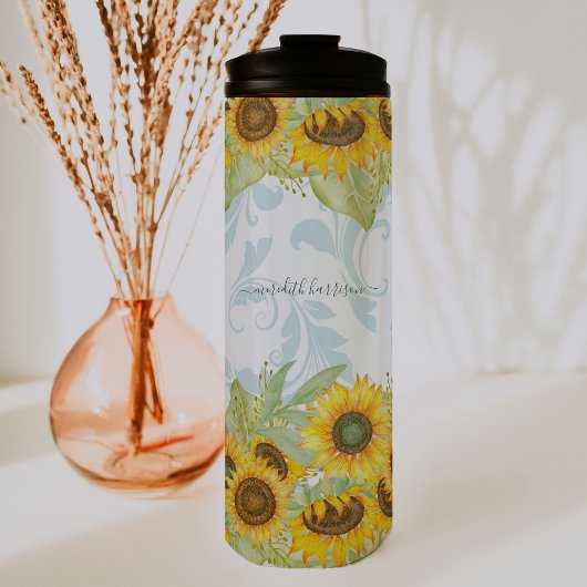 Cheerful Summer Sunflower & Paisley | Monogram Thermosbeker