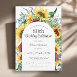 Cheerful Sunflower Botanical 80th Birthday Party Kaart<br><div class="desc">Een prachtig kleurrijk, 80e verjaardag-uitnodigingsontwerp met kleurrijke waterverf bloemelementen, waaronder gele zonnebloemen, bruine rozen, eucalyptus en andere gemengde groen. Het ziet er zonnig en vrolijk uit en zet de toon voor je feest in mooie stijl. Of uw gebeurtenis binnenshuis, of een buitenbarbecue is, deze uitnodiging is een perfecte keuze. Een...</div>
