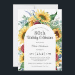 Cheerful Sunflower Botanical 80th Birthday Party Kaart<br><div class="desc">Een prachtig kleurrijk, 80e verjaardag-uitnodigingsontwerp met kleurrijke waterverf bloemelementen, waaronder gele zonnebloemen, bruine rozen, eucalyptus en andere gemengde groen. Het ziet er zonnig en vrolijk uit en zet de toon voor je feest in mooie stijl. Of uw gebeurtenis binnenshuis, of een buitenbarbecue is, deze uitnodiging is een perfecte keuze. Een...</div>