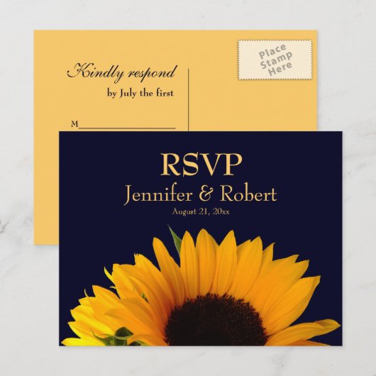Cheerful Sunflower Navy Blue Wedding RSVP Uitnodiging Briefkaart (Voorkant / Achterkant)