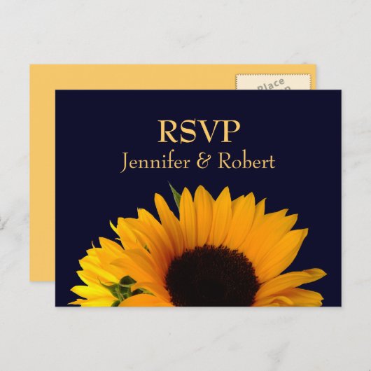 Cheerful Sunflower Navy Blue Wedding RSVP Uitnodiging Briefkaart (Voorkant / Achterkant)