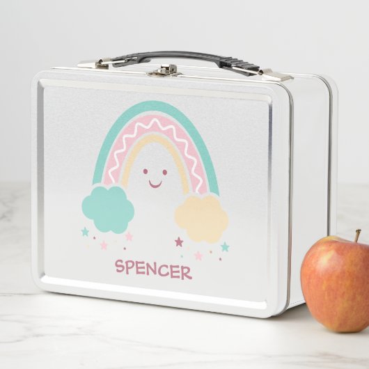 Cheerful Sunny Pastel Boho Rainbow Metal Lunch Box (In situ)