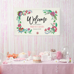 Cheerful turquoise & oranje felle folkbloemen spandoek