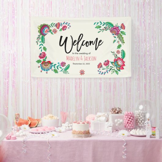 Cheerful turquoise & oranje felle folkbloemen spandoek (Feest)