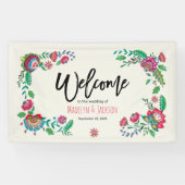 Cheerful turquoise & oranje felle folkbloemen spandoek (Horizontaal)