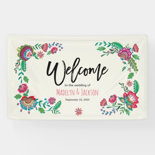 Cheerful turquoise & oranje felle folkbloemen spandoek (Horizontaal)