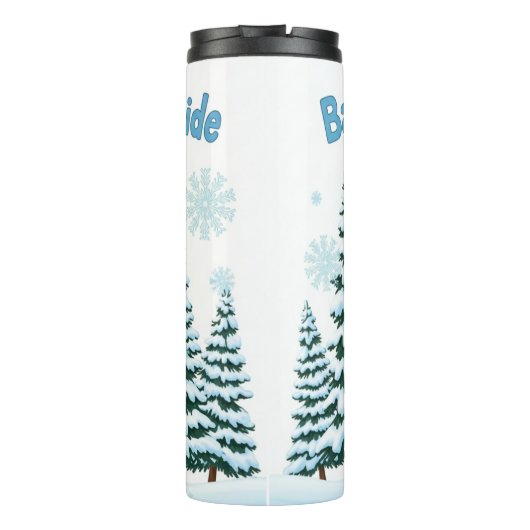 Cheerful Winter Snowman with Pine Trees Thermosbeker (Achterkant)