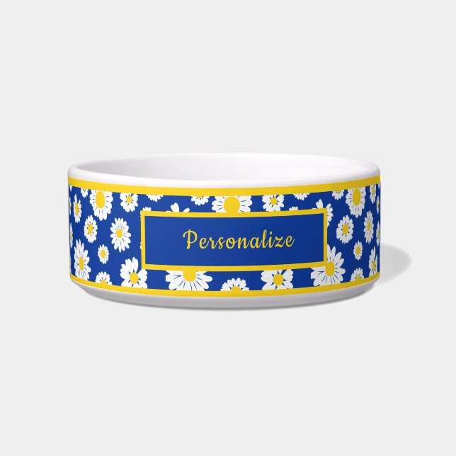 Cheerful Yellow and Blue Daisy Floral Pattern Voerbakje (Voorkant)