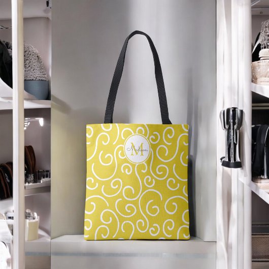 Cheerful Yellow and White Pattern met Monogram Tote Bag