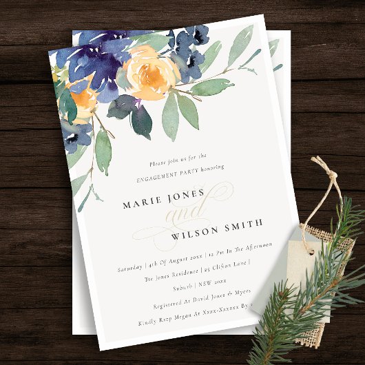 Cheerful Yellow Blue Floral Verloving Invite Bedankkaart