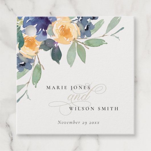 Cheerful Yellow Blue Floral Waterverf Wedding Bedankjes Labels (Voorkant)