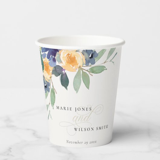 Cheerful Yellow Blue Floral Waterverf Wedding Papieren Bekers (Achterkant)
