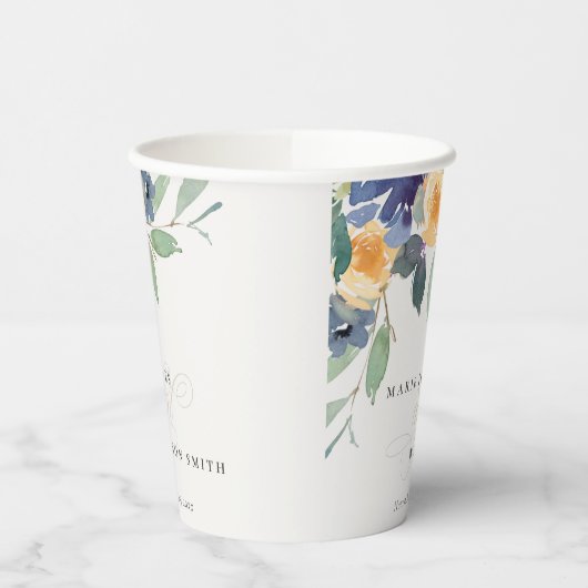 Cheerful Yellow Blue Floral Waterverf Wedding Papieren Bekers (Links)
