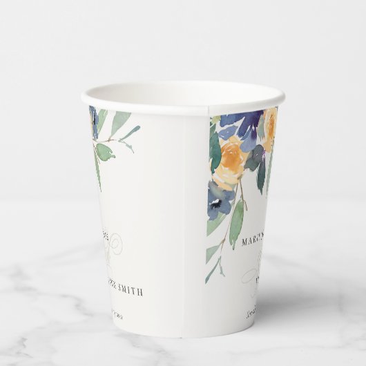 Cheerful Yellow Blue Floral Waterverf Wedding Papieren Bekers (Rechts)