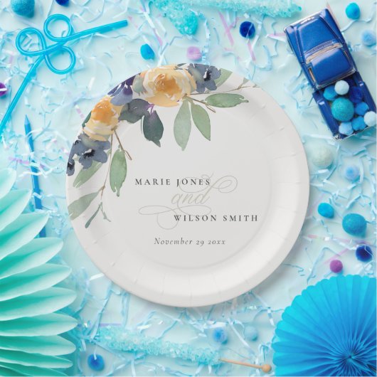 Cheerful Yellow Blue Floral Waterverf Wedding Papieren Bordje (Feest)