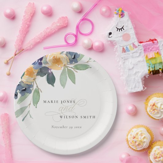 Cheerful Yellow Blue Floral Waterverf Wedding Papieren Bordje (Feest)