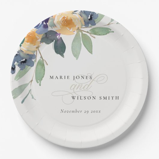 Cheerful Yellow Blue Floral Waterverf Wedding Papieren Bordje (Voorkant)