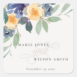 Cheerful Yellow Blue Floral Waterverf Wedding Vierkante Sticker