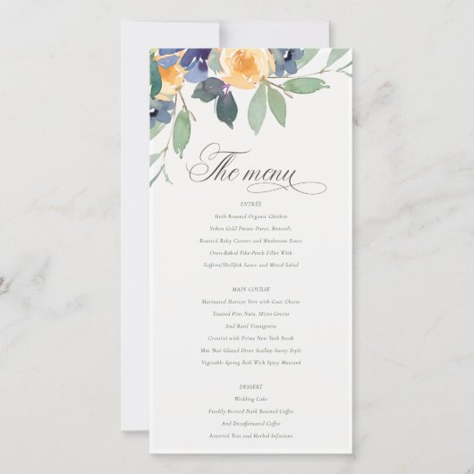 Cheerful Yellow Blue Floral Wedding Menu Kaart (Voorkant)