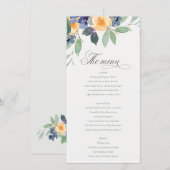 Cheerful Yellow Blue Floral Wedding Menu Kaart (Voorkant / Achterkant)