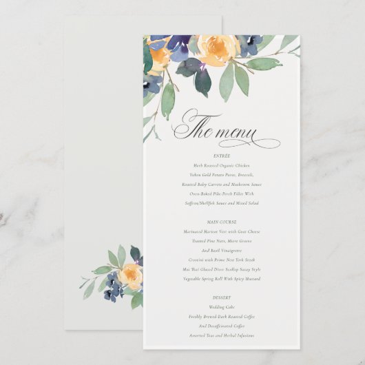 Cheerful Yellow Blue Floral Wedding Menu Kaart (Voorkant / Achterkant)