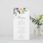 Cheerful Yellow Blue Floral Wedding Menu Kaart (Staand voorkant)